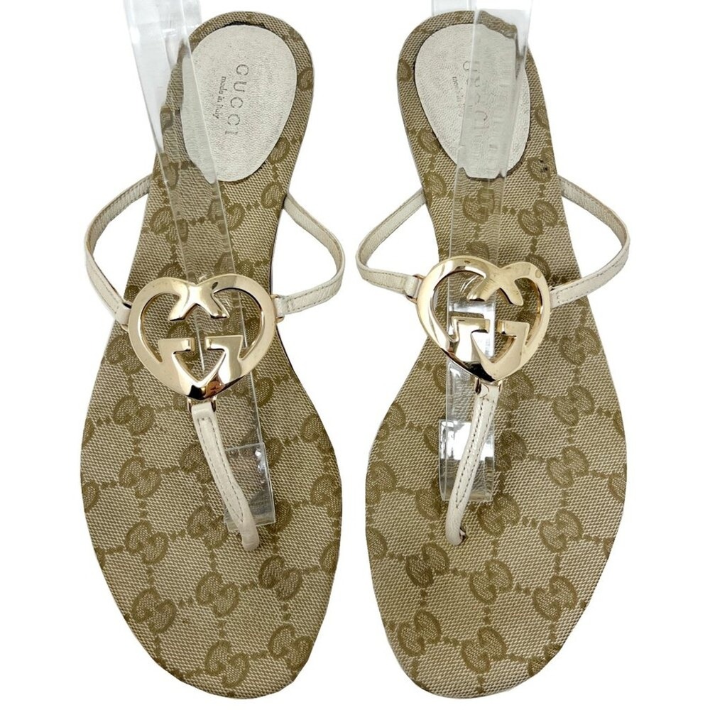 Gucci Monogram Heart Logo‎ Thong Sandals Beige Gold Size EU 38.5